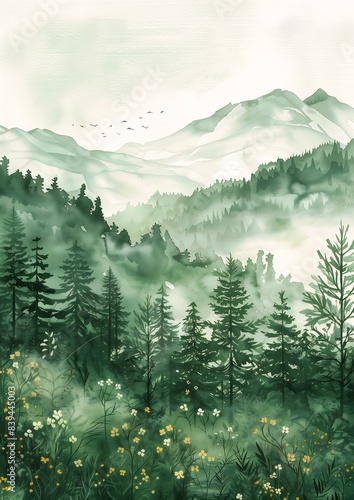 mountain trees flowers illustration misty eerie green background streaming view zoomed out aquarelle