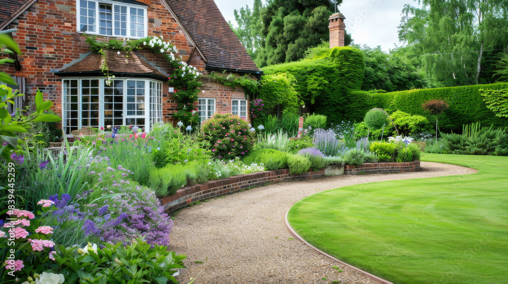 Beautiful backyard English cottage garden with green lawn and flower beds
