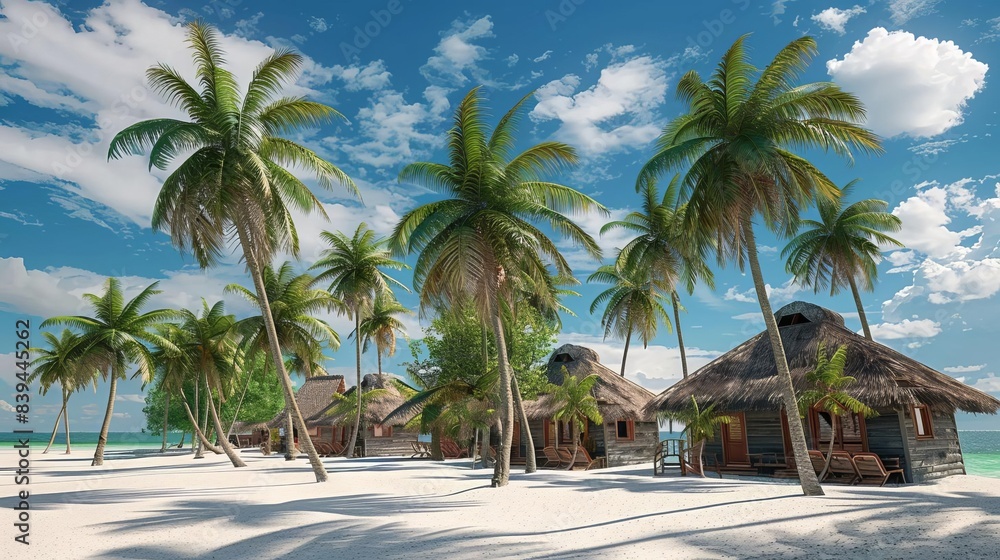 model of a beach resort with palm trees and huts, summer model of a beach resort with palm trees and huts, summer