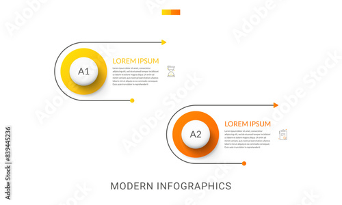 2 step arrows vector infographic. Modern and line infographics business timeline with related circle shapes, colors, icons. Visualization for business presentation, banner, workflow layout, chart