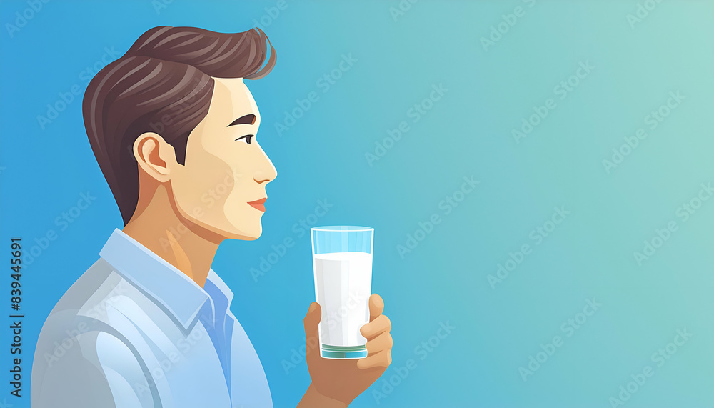 Profile of a man holding and drinking a glass of milk, illustrated on a gradient background, promoting dairy product consumption. Profile of a man holding and drinking a glass of milk, illustrated on a gradient background, promoting dairy product consumption.