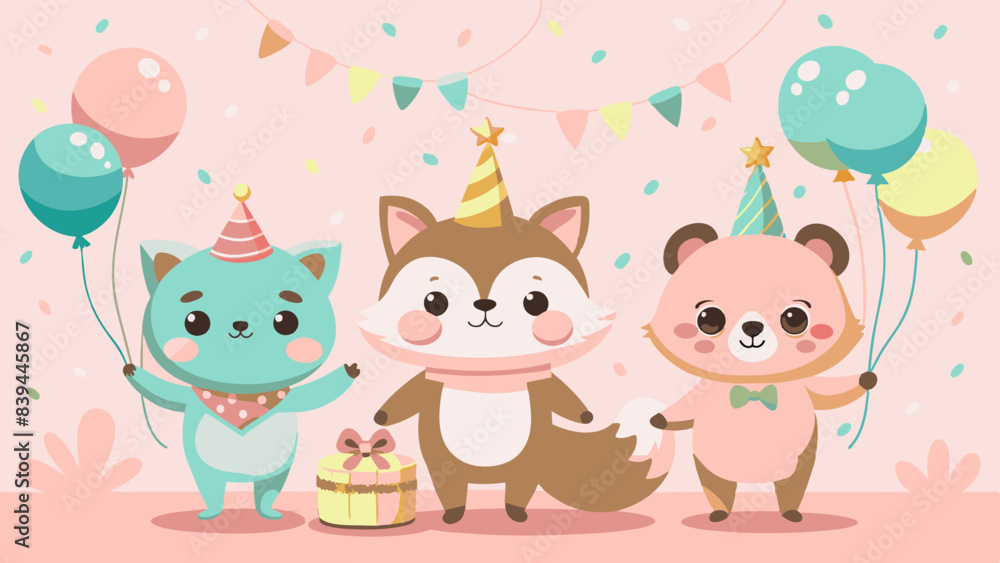 Naklejka premium Cute animals celebrating birthday