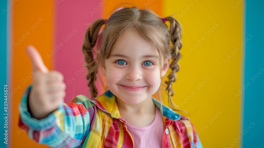 Smiling young girl with pigtails giving a thumbs up in front of colorful striped background, conveying happiness and positivity. Smiling young girl with pigtails giving a thumbs up in front of colorful striped background, conveying happiness and positivity.