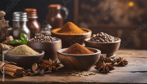 Various wooden bowls filled with assorted spices on a rustic wooden table against a blurred background. Aromatic and vibrant culinary ingredients.