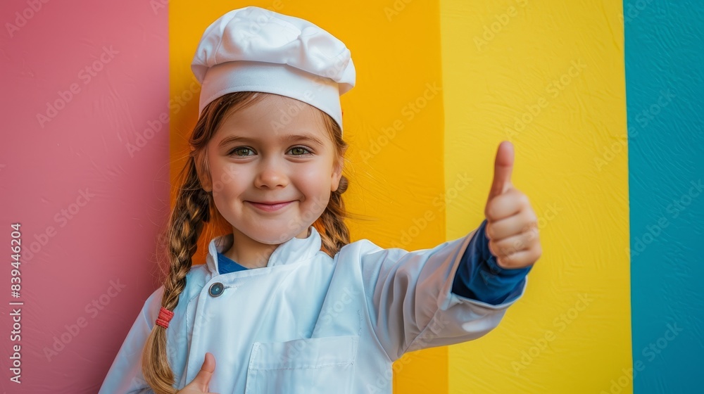 Little girl in chef attire giving a thumbs up against a colorful background, showing enthusiasm and positivity. Little girl in chef attire giving a thumbs up against a colorful background, showing enthusiasm and positivity.