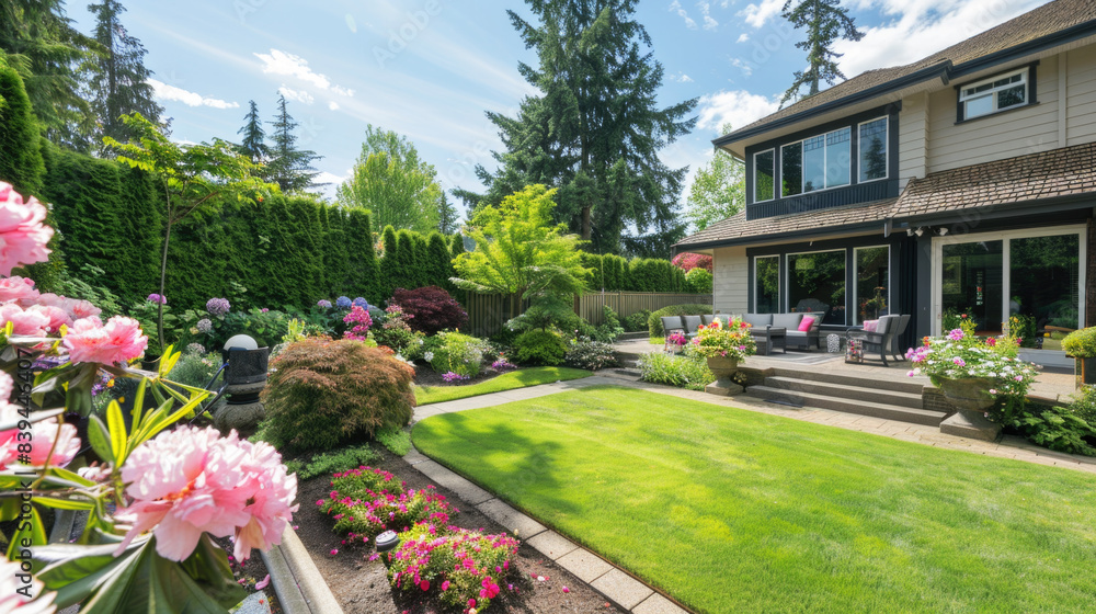 Beautiful backyard landscape design, cozy patio area with flowers, grass, hedges, and a sitting area Beautiful backyard landscape design, cozy patio area with flowers, grass, hedges, and a sitting area
