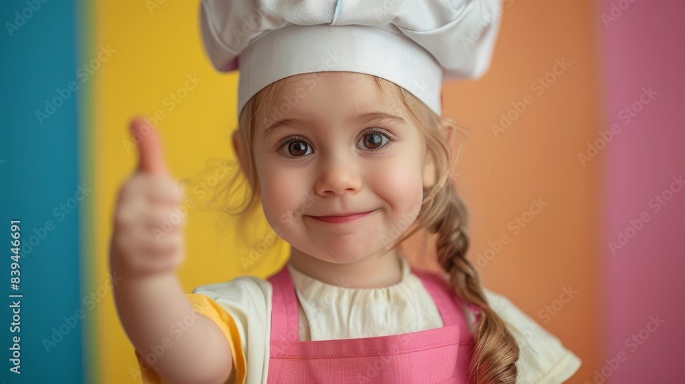 Smiling little girl wearing a chef hat and pink apron giving a thumbs up with colorful background. Smiling little girl wearing a chef hat and pink apron giving a thumbs up with colorful background.
