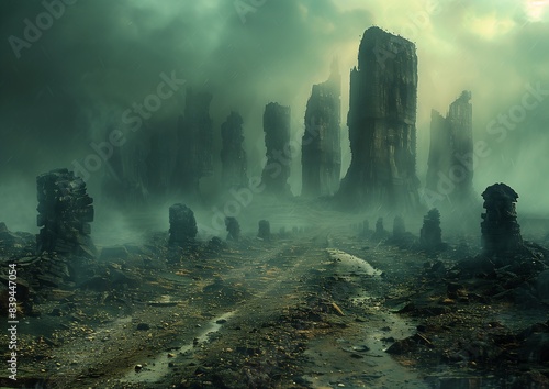 dirt road leads tall city rock formations sad atmosphere standing ancient ruins fallen columns tectonics cracked mud green fog planet trees rubble blackened space photo