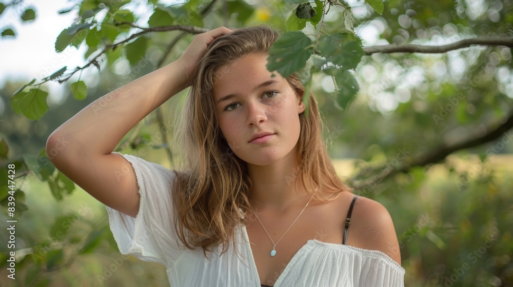 Naklejka premium Serene Young Woman in Nature's Embrace