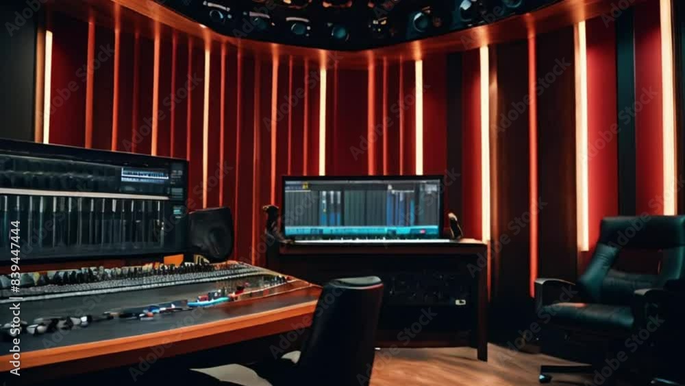 Professional Music Studio with Soundproof Walls, Mixing Console, and Computer, Music Production Room, Recording Studio Design Professional Music Studio with Soundproof Walls, Mixing Console, and Computer, Music Production Room, Recording Studio Design