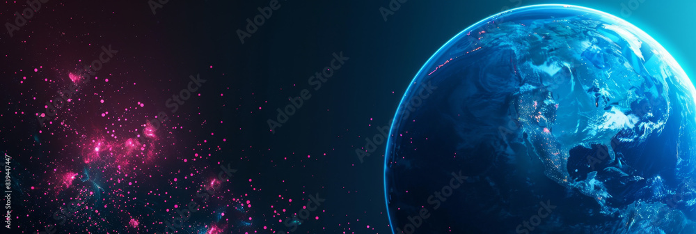 3D rendering of the planet Earth with blue and pink glowing lights on a dark background, a vector illustration design for a banner 3D rendering of the planet Earth with blue and pink glowing lights on a dark background, a vector illustration design for a banner