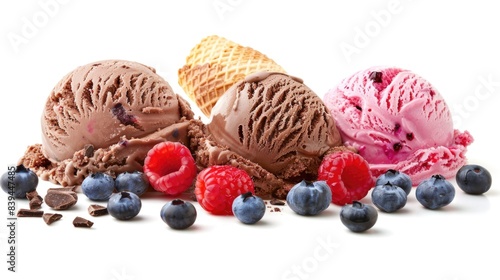 Scoops of chocolate  raspberry  and blueberry ice cream with fresh berries. National Ice Cream Day