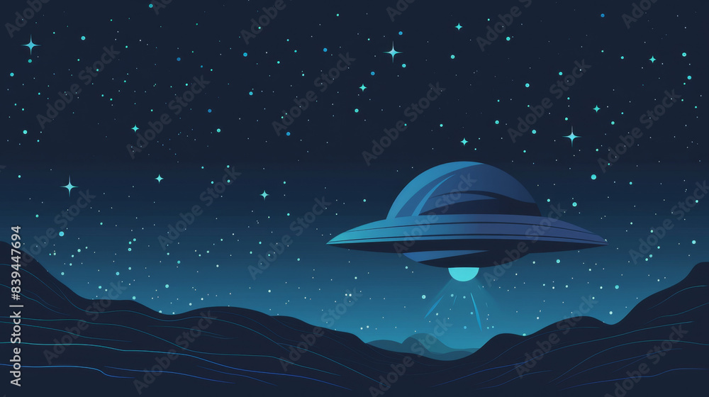 Mystical UFO Sighting Over Pine Forest at Night Sky. World UFO Day Mystical UFO Sighting Over Pine Forest at Night Sky. World UFO Day