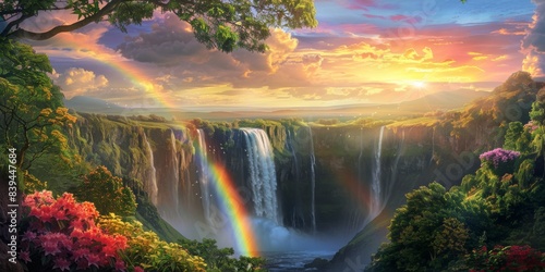 Rainbow and waterfall scene in a peaceful time
