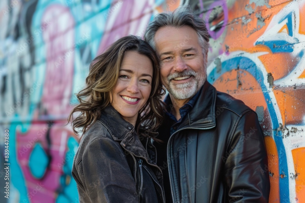 Portrait of a grinning couple in their 40s sporting a classic leather jacket isolated in colorful graffiti wall Portrait of a grinning couple in their 40s sporting a classic leather jacket isolated in colorful graffiti wall