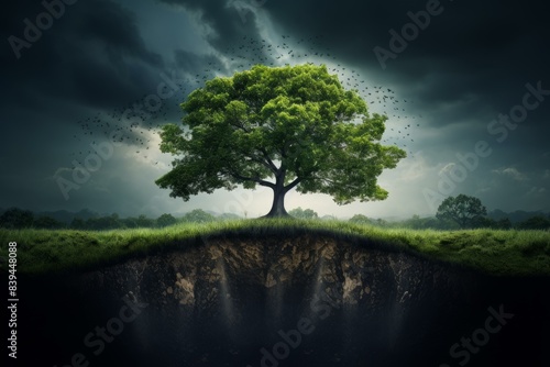 Solitary tree stands resilient against a backdrop of dark, swirling storm clouds