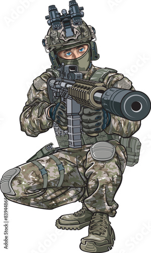 special forces soldier aiming silenced assault rifle
