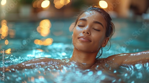 Woman relaxing in a pool with eyes closed night. Close-up portrait in spa environment.
