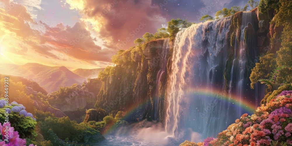 Rainbow and waterfall scene in a tranquil spirit Rainbow and waterfall scene in a tranquil spirit