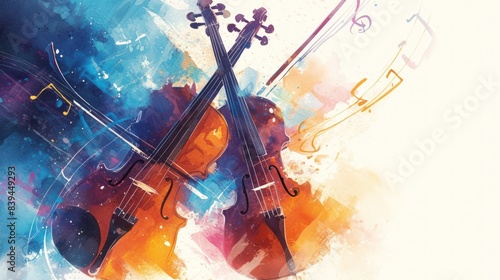 A painting of two violins and a cello with a blue background, illustrations Musical Instruments, fiddle and musical notes.