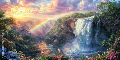 Rainbow and waterfall scene in a calm nature