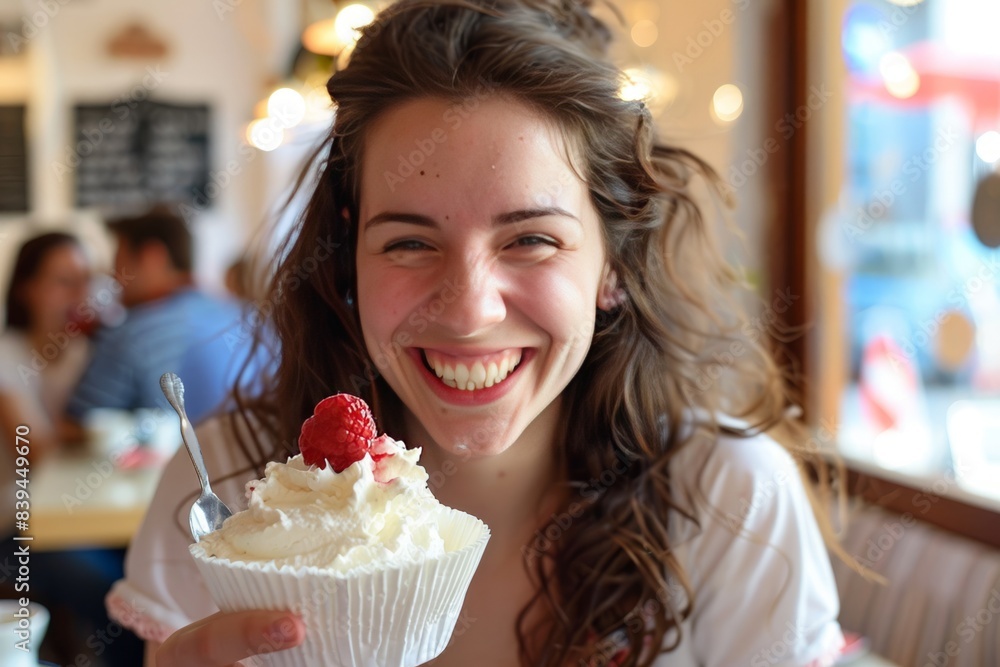 a woman happily eating dessert with a smile a woman happily eating dessert with a smile