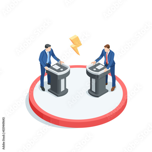 isometric vector business men at the podium discussing among themselves, in color on a white background, political debate or election battle