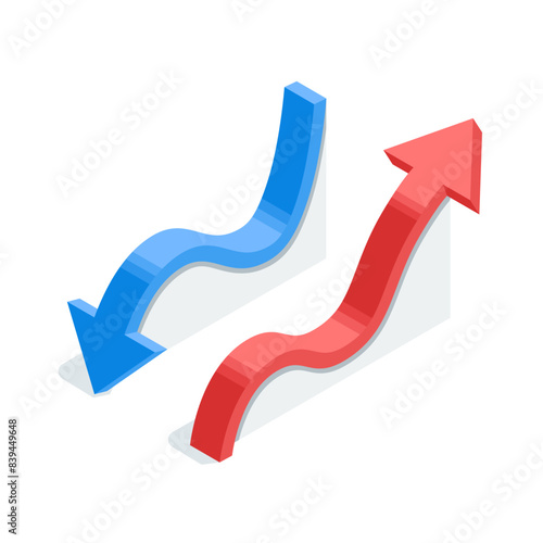 isometric vector chart arrows for indicating statistical data or infographics, in color on a white background, increase and decrease arrows
