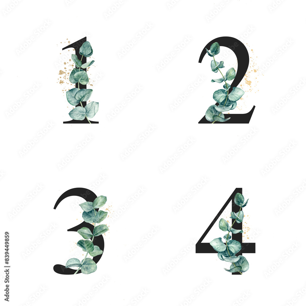 Elegant Numbers 1 to 4 with Eucalyptus Leaves and Gold Accents in modern stylish design Elegant Numbers 1 to 4 with Eucalyptus Leaves and Gold Accents in modern stylish design