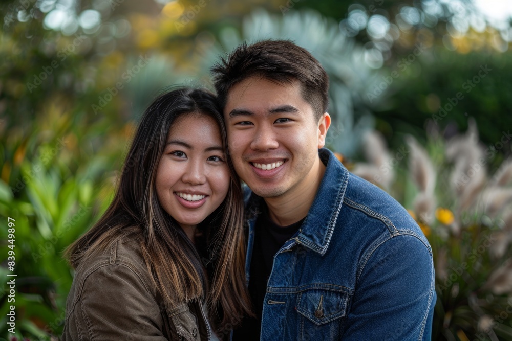 Portrait of a grinning asian couple in their 20s sporting a rugged denim jacket while standing against lush green garden Portrait of a grinning asian couple in their 20s sporting a rugged denim jacket while standing against lush green garden