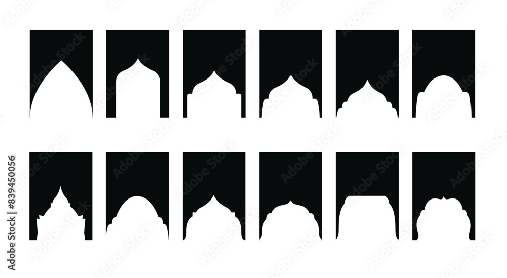 Arabic shapes windows and arches traditional ornament. Set of Islamic shape window frame in retro boho color. Vector Arabic shapes windows and arches traditional ornament. Set of Islamic shape window frame in retro boho color. Vector