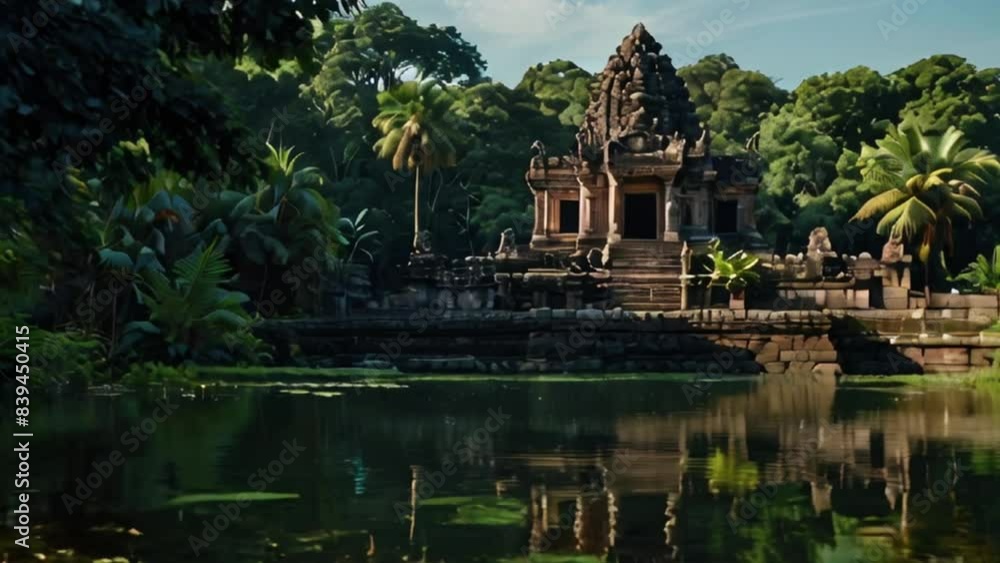 Ancient Temple Reflecting in Tranquil Pond Surrounded by Lush Jungle Ancient Temple Reflecting in Tranquil Pond Surrounded by Lush Jungle