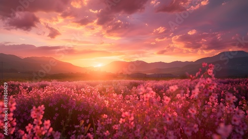 Stunning Sunset Over Colorful Flower Field in Mountainous Countryside Landscape