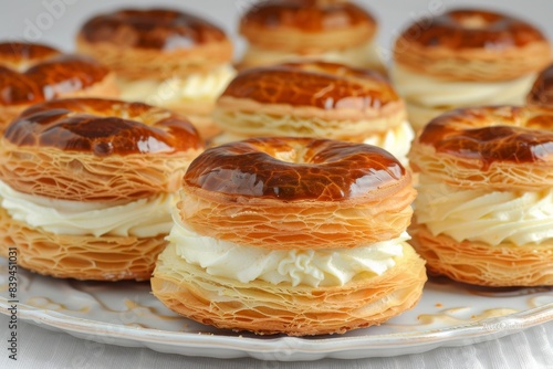 Delicious puff pastry sandwiches with a creamy filling, arranged neatly on a white plate, perfect for a delightful snack or dessert in a stylish setting