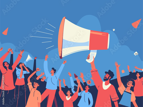 Grand Opening Announcement: Enthusiastic Communicator Connects with Excited Crowd via Megaphone, Embodying Outreach and Buzz Creation