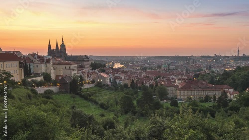 Wallpaper Mural Prague Czechia Czech Republic time lapse, high angle view city skyline night to day sunrise of old town and Castle Torontodigital.ca