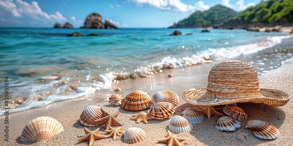 Summer sandy beach, straw hat, shells and starfish. Summer sea vacation and travel concept. Summertime, summer minimalistic background, sunny summer weather.