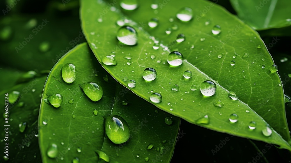 Fresh Green Leaf with Dew Drops Close-Up Fresh Green Leaf with Dew Drops Close-Up