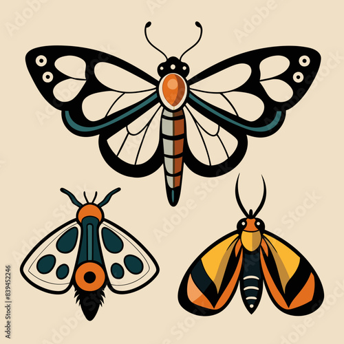 Set of butterflies moth lepidopteran insect papillon Vector silhouette