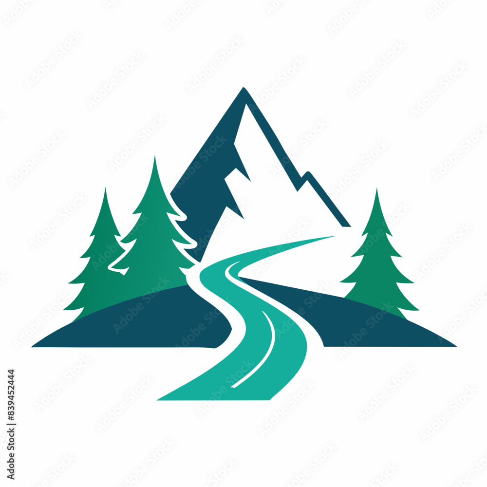 Mountain with road and pine tree icon vector silhouette on white background Mountain with road and pine tree icon vector silhouette on white background