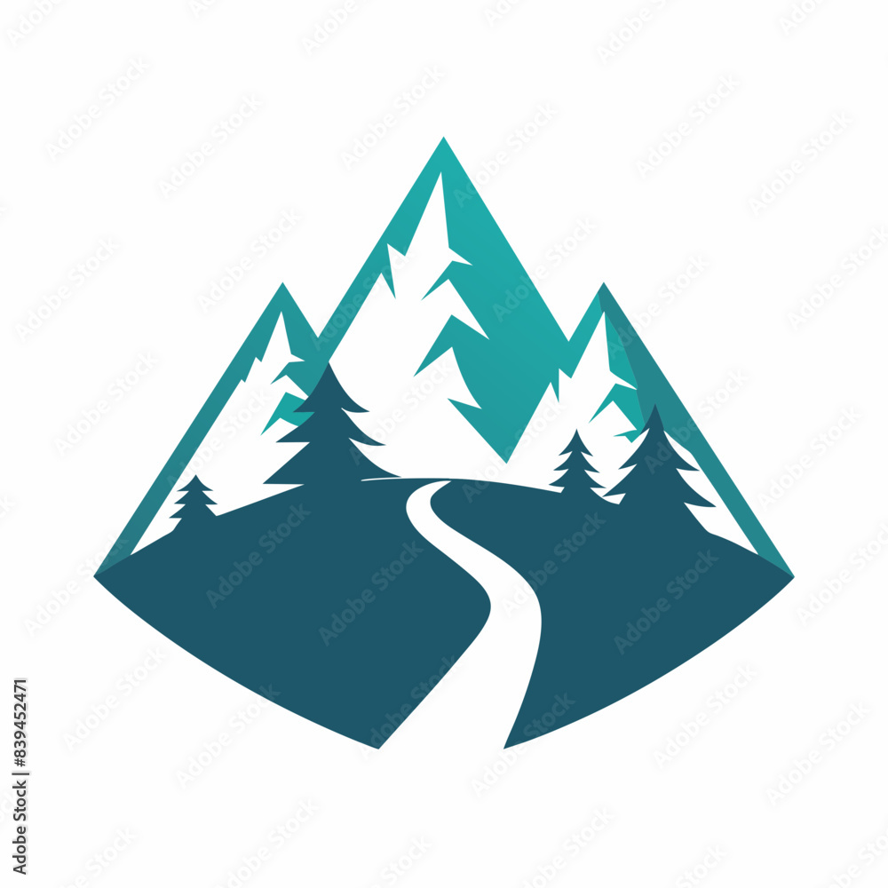 Fototapeta premium Mountain with road and pine tree icon vector silhouette on white background