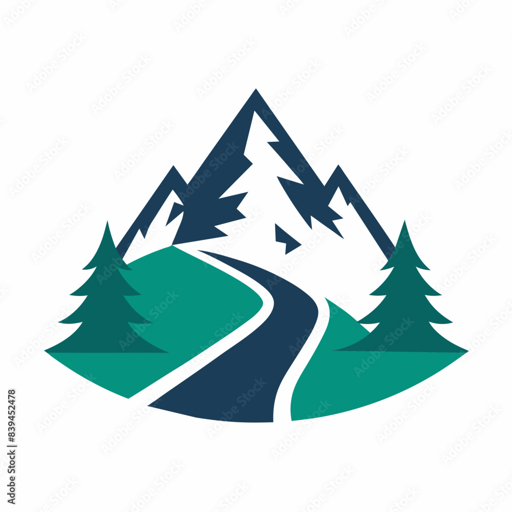 Fototapeta premium Mountain with road and pine tree icon vector silhouette on white background 