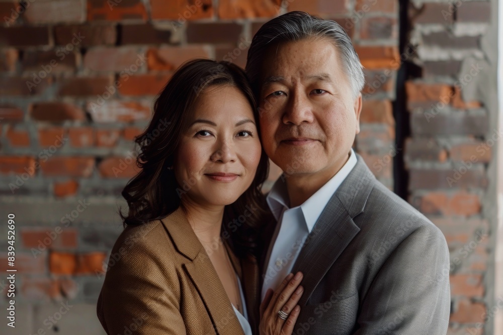 Portrait of a content asian couple in their 40s wearing a professional suit jacket while standing against vintage brick wall Portrait of a content asian couple in their 40s wearing a professional suit jacket while standing against vintage brick wall