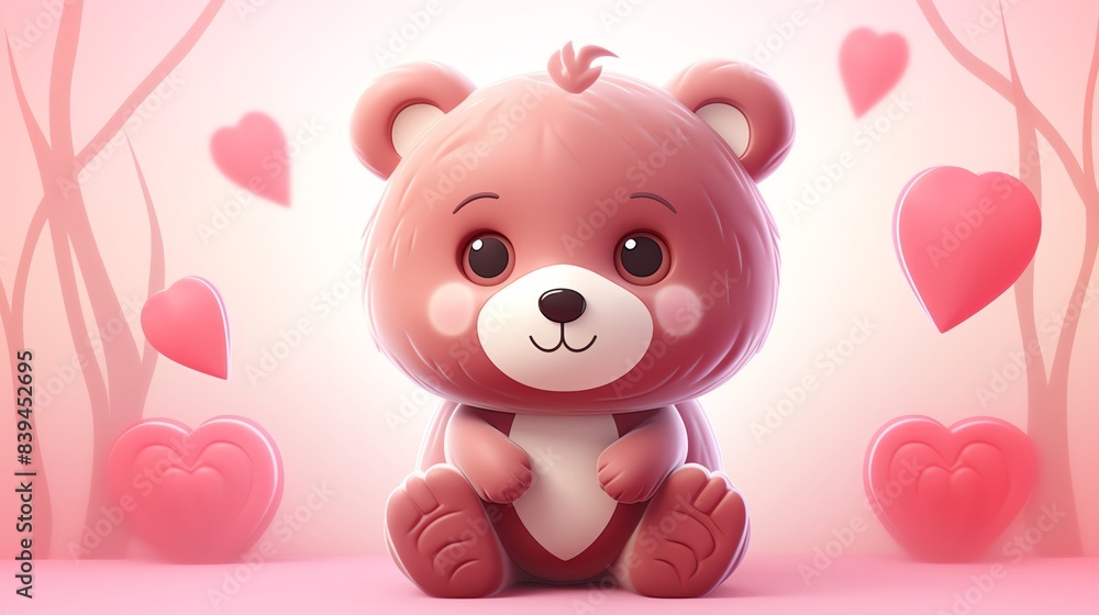 Obraz premium Adorable pink teddy bear with hearts, perfect for Valentine's Day or a cute romantic gift, set against a soft background.