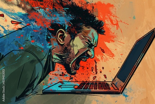 illustration of a man angry at a laptop screen, rage , frustrated , stress, mad , furious