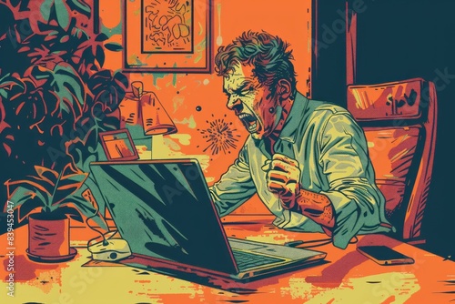 illustration of a man angry at a laptop screen, rage , frustrated , stress, mad , furious