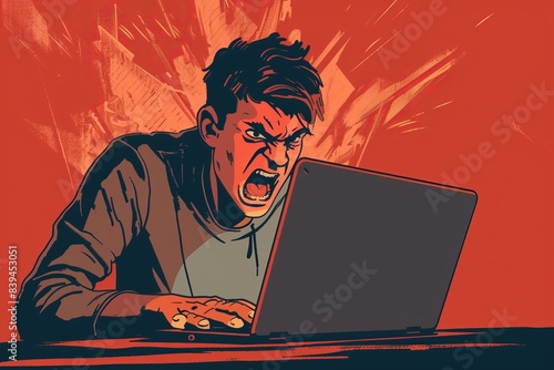 illustration of a man angry at a laptop screen, rage , frustrated , stress, mad , furious
