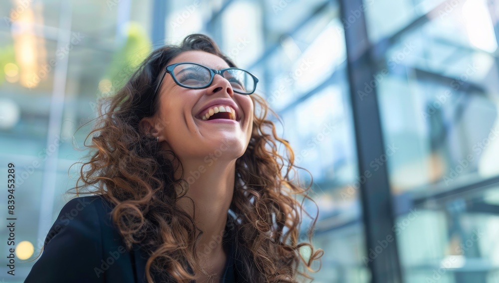 A smiling businesswoman wearing glasses is standing in an office building with large windows and light coming through them. She is looking up at the sky outside while laughing happily. A smiling businesswoman wearing glasses is standing in an office building with large windows and light coming through them. She is looking up at the sky outside while laughing happily.