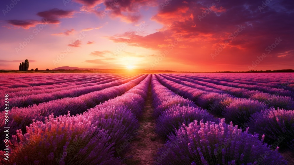 Vibrant Lavender Field at Sunset with Majestic Sky Vibrant Lavender Field at Sunset with Majestic Sky