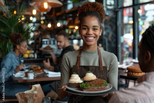 A smiling black waitress holding two plates with cakes  serving to a couple in a restaurant.